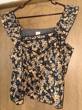 Roan + Ryan Floral Square Neck Flutter Strap Top - Navy and Yellow Xl